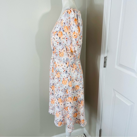 LOFT White with Orange & Blue Floral V-Neck Puff Sleeve Fit & Flare Dress - 6 - Picture 8 of 13